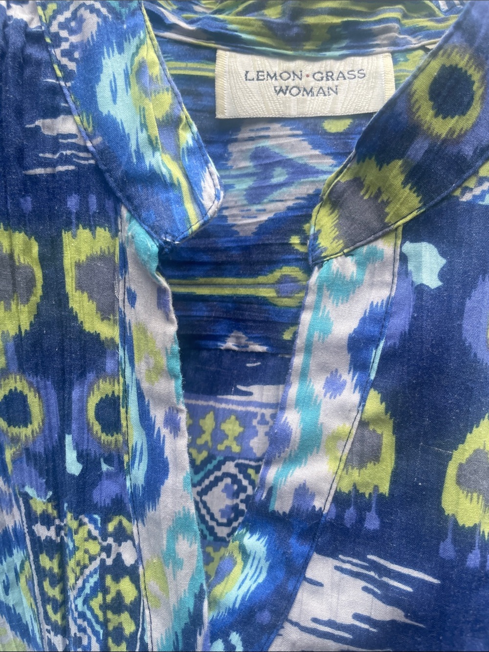 LEMON GRASS WOMAN 2X Blue and Green Button Down Blouse Preworn Great Condition - Picture 2 of 15